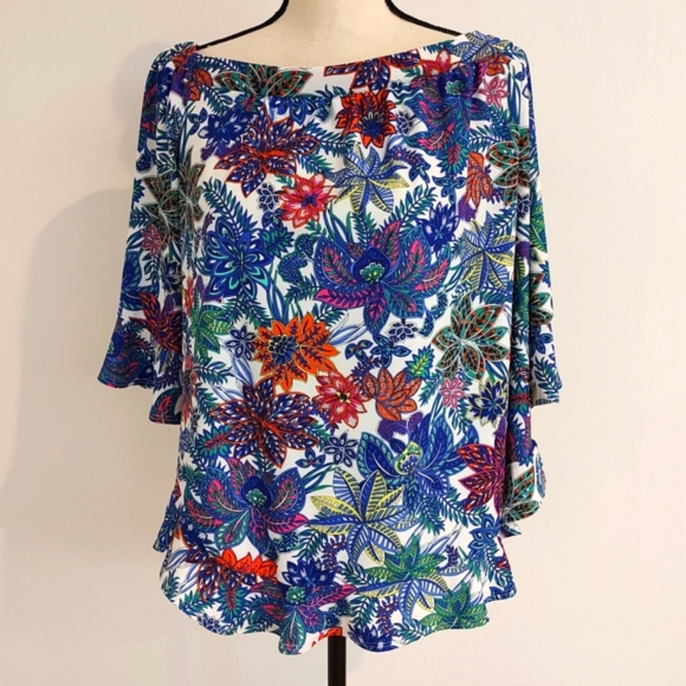 Jude Connally White Floral Boatneck Top with Blue, Green & Orange Print